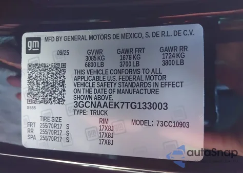 2026 Chevrolet Silverado 1500 2Wd Long Bed Wt z USA, uszkodzony, nr VIN 3GCNAAEK7TG133003